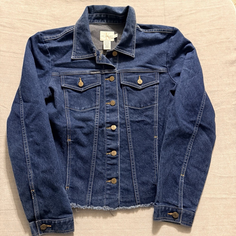 Calvin Klein Jeans Denim Jacket XL Dark Wash Cropped Frayed Hem Stretch CK